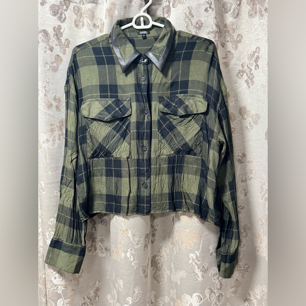 Express Green and Black Plaid Button Down Shirt